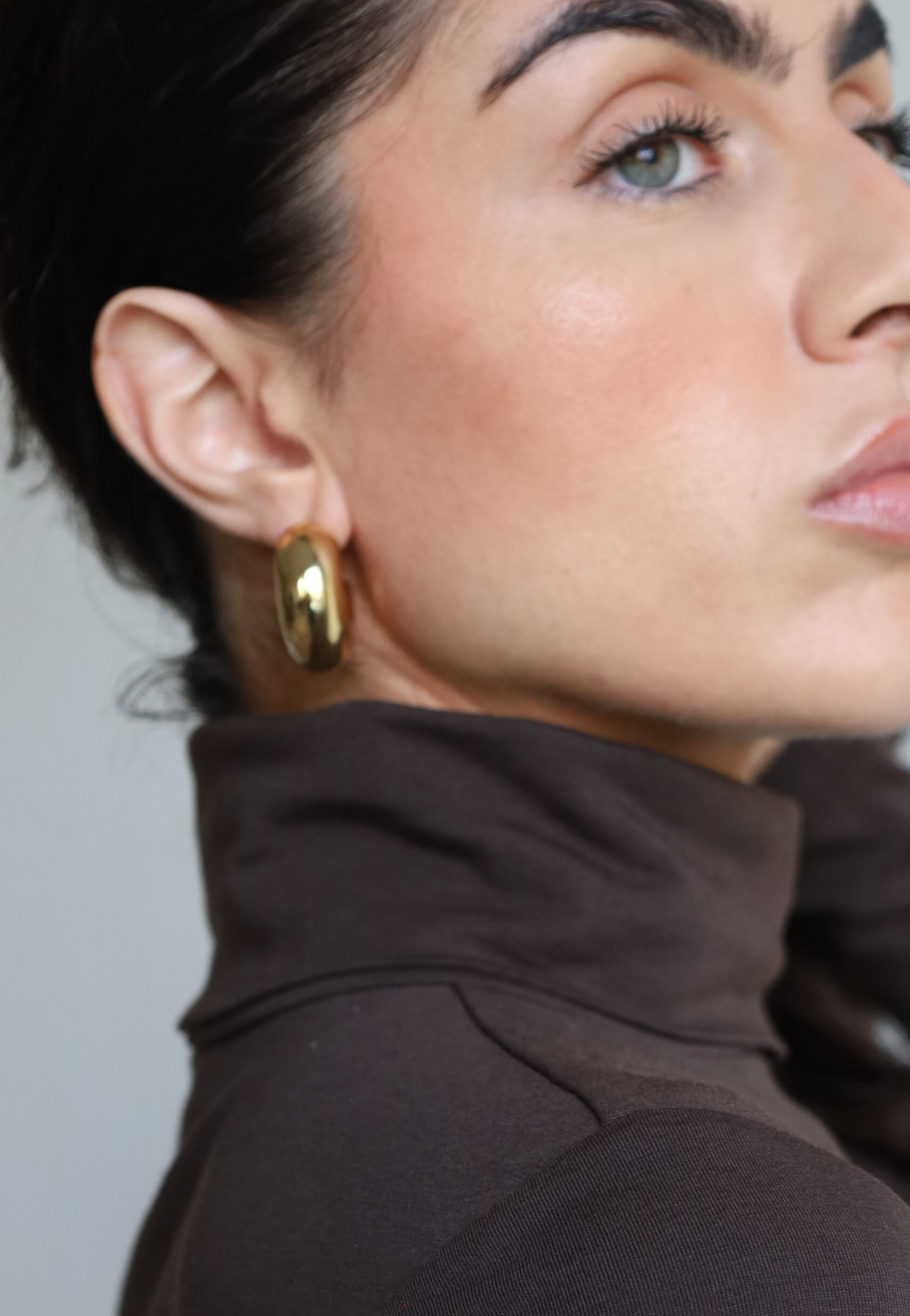 women's brown organic cotton long sleeve roll neck t-shirt - close up