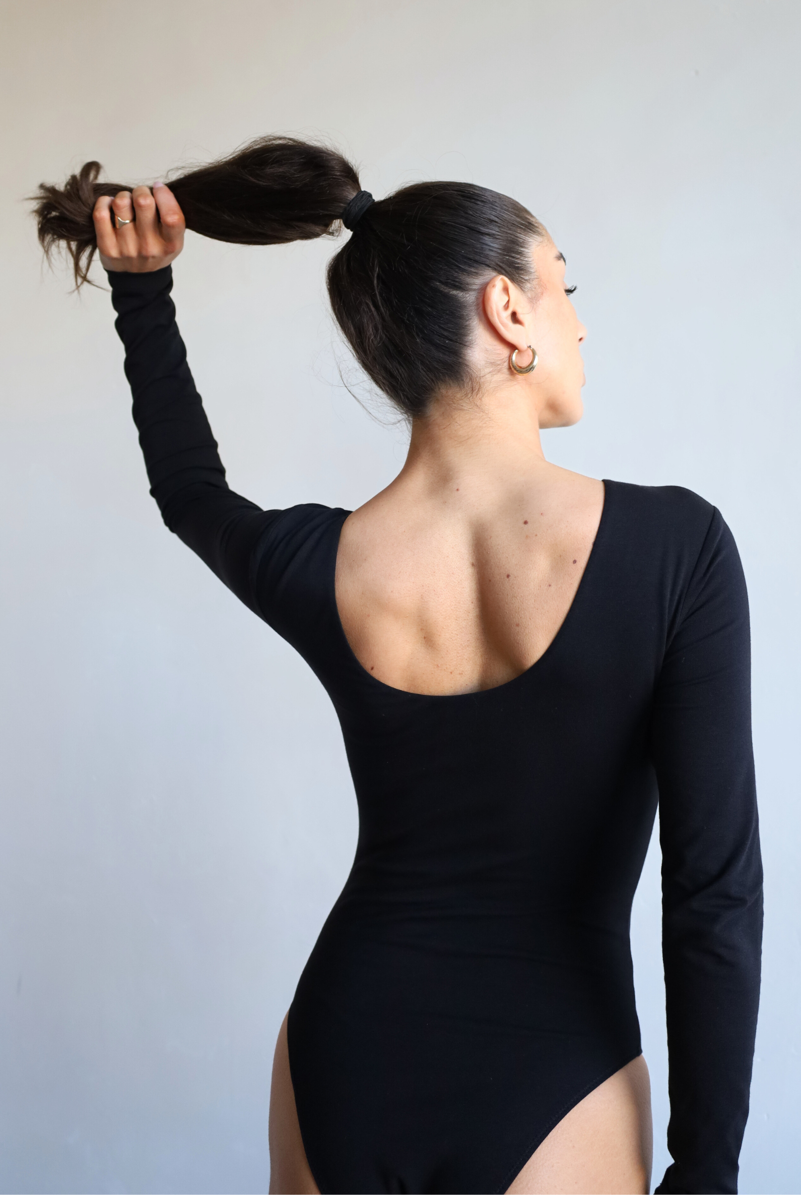 Organic Black cotton Long Sleeve Scoop Back Bodysuit - back