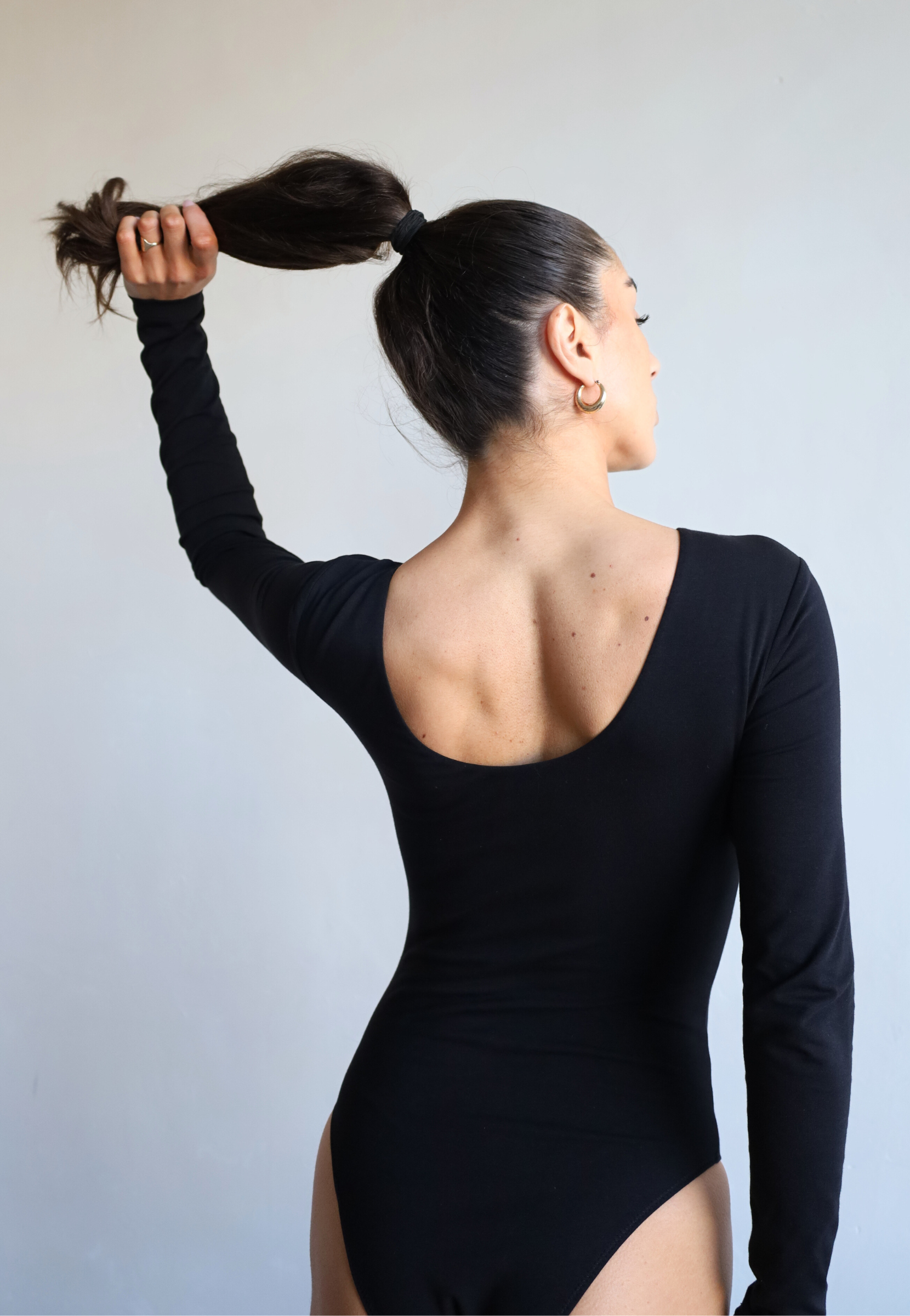 Organic Black cotton Long Sleeve Scoop Back Bodysuit - back