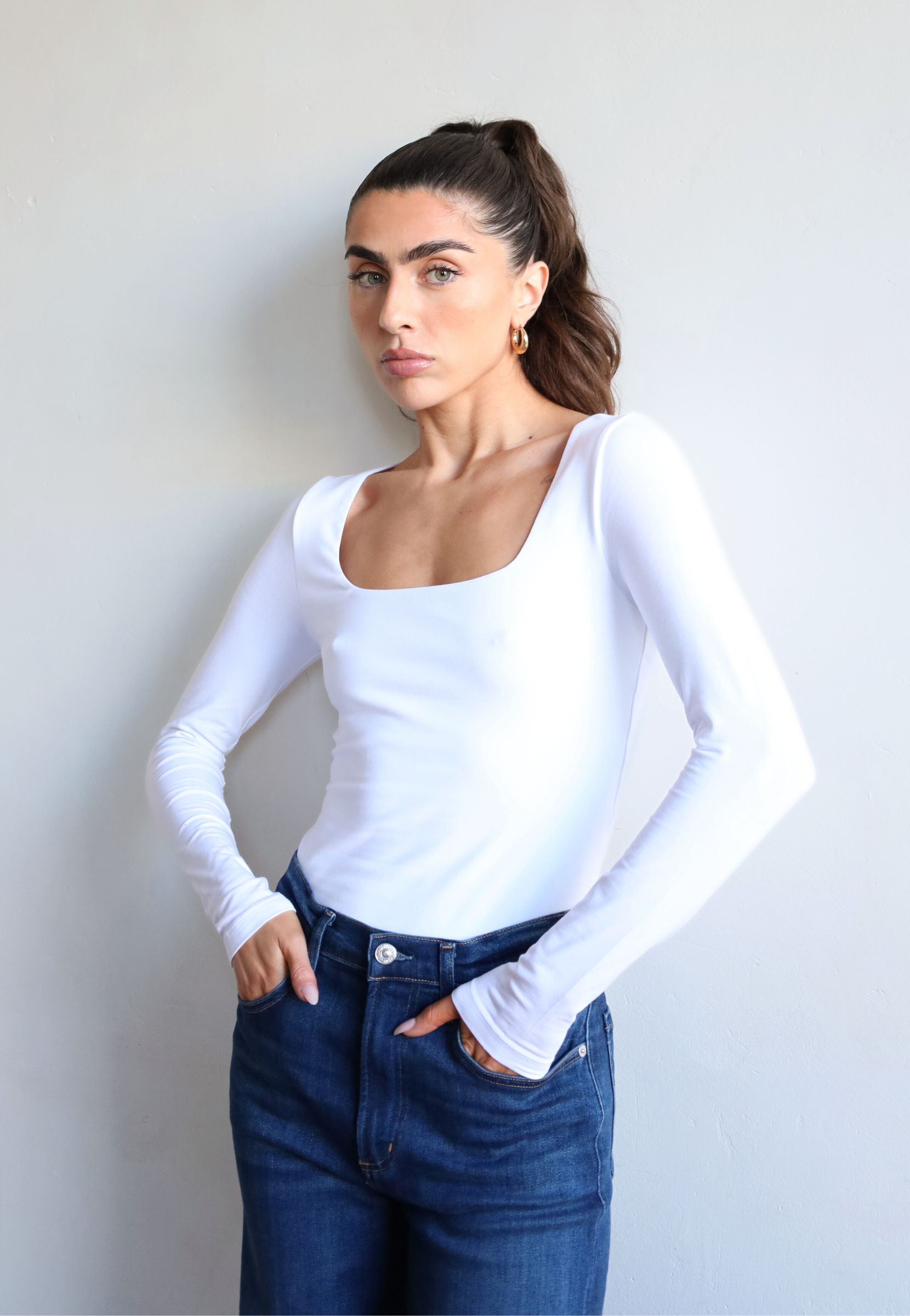 Womens white organic cotton long sleeve square neck t-shirt, front