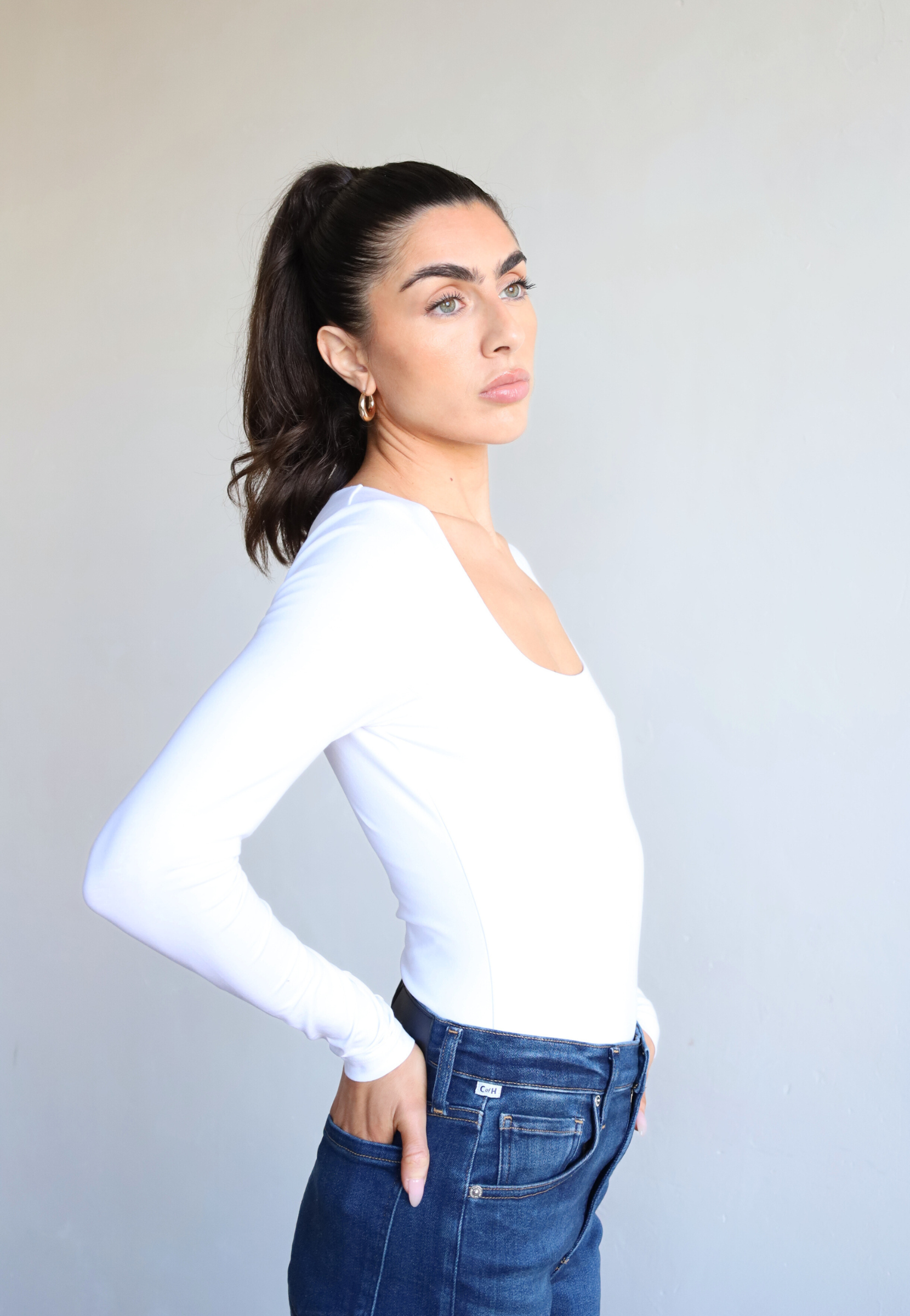 Womens white organic cotton long sleeve square neck t-shirt, side