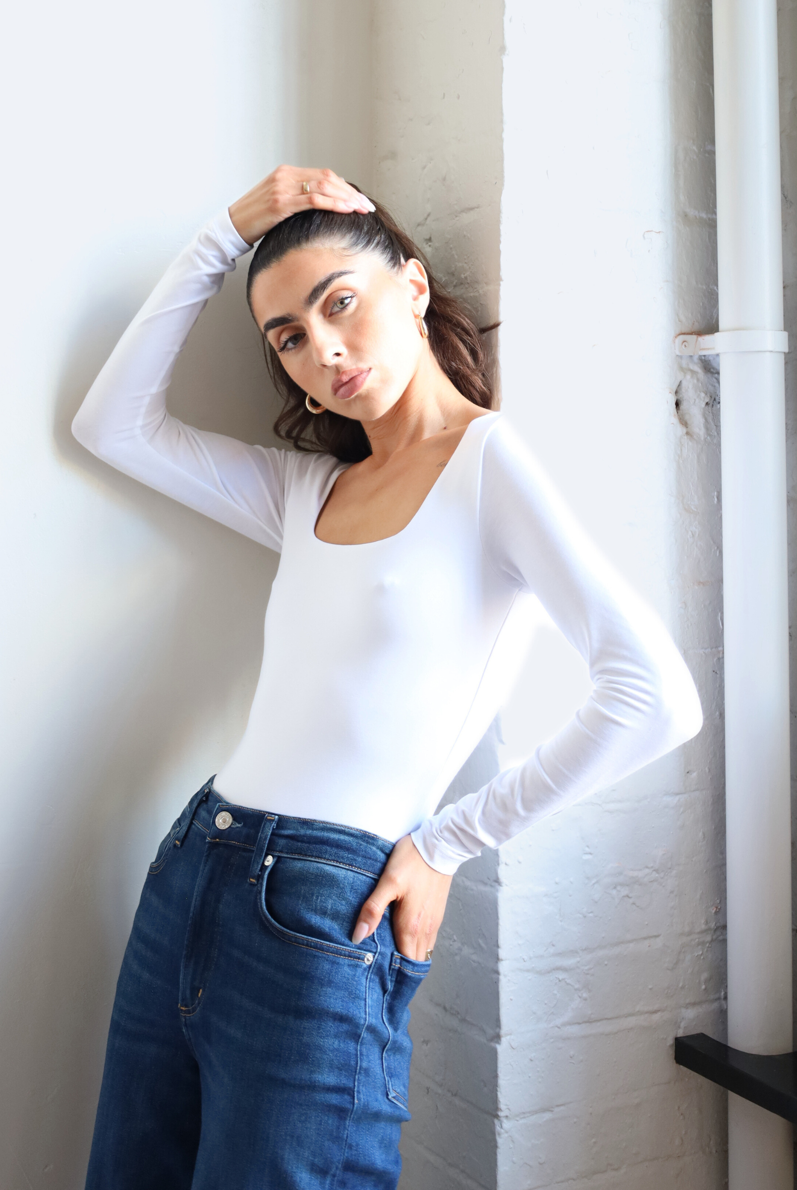 Womens white organic cotton long sleeve square neck t-shirt, front