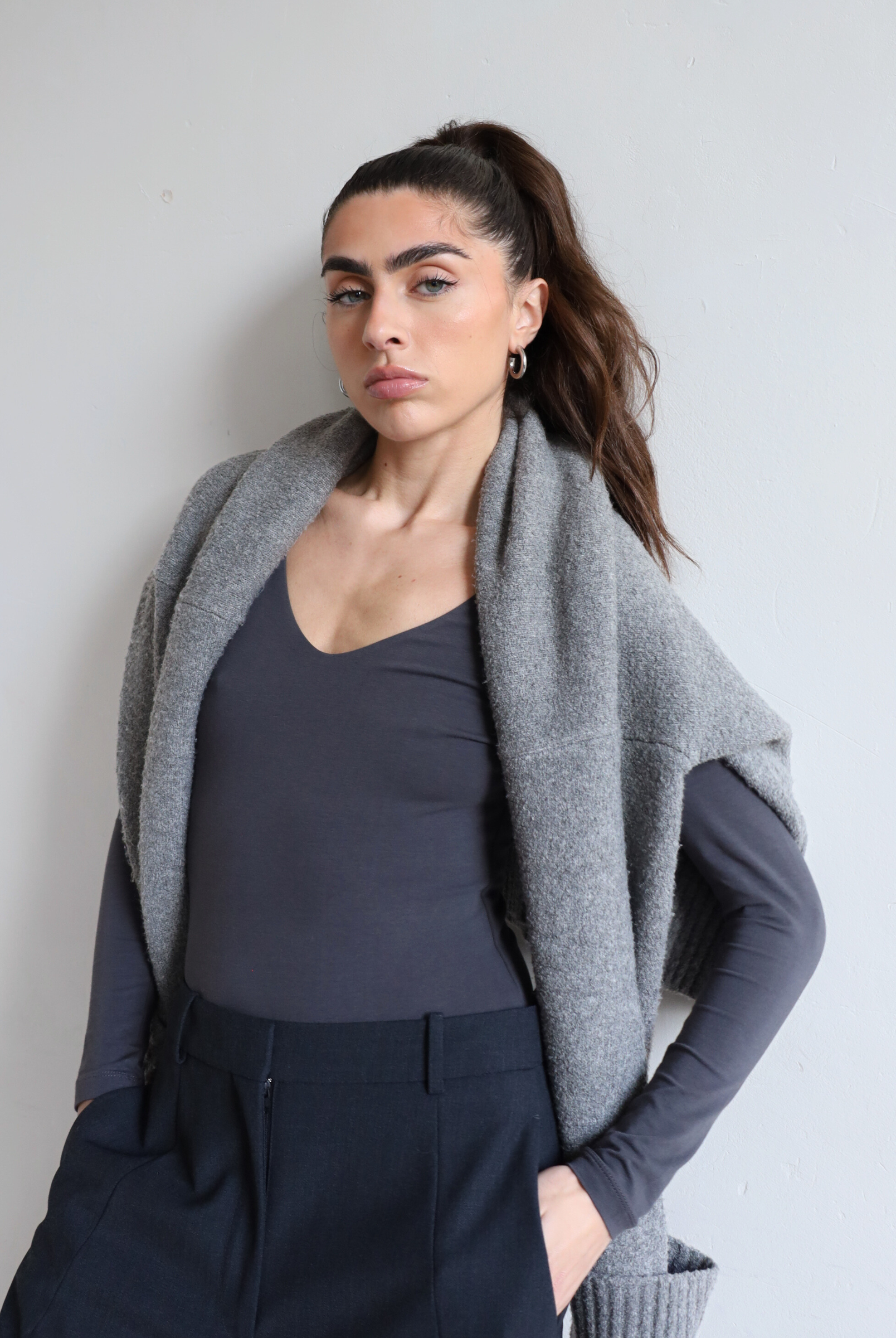 Organic Cotton Long Sleeve V-Neck Bodysuit, Charcoal