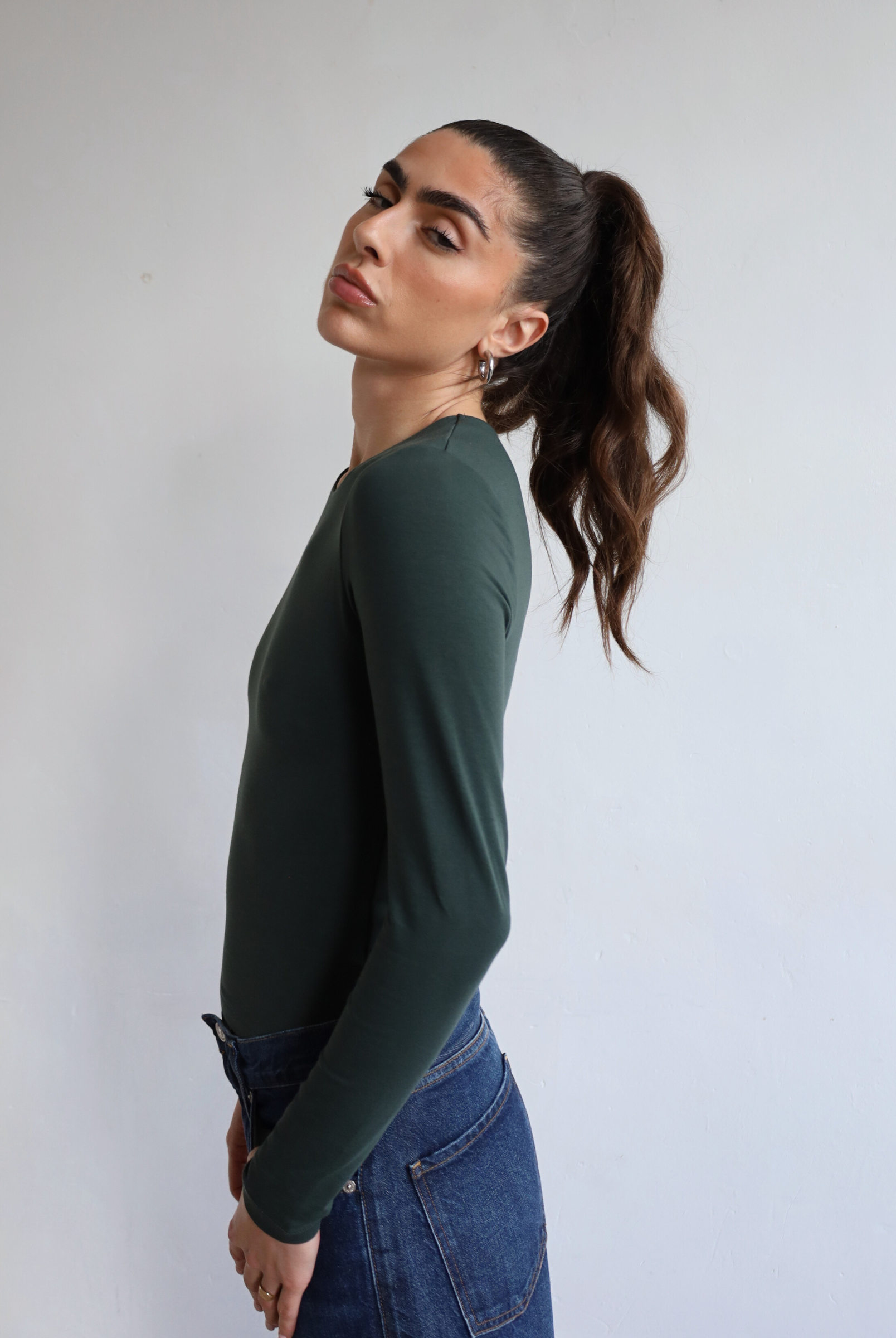 Organic Cotton Long Sleeve Crew Neck Green T-shirt