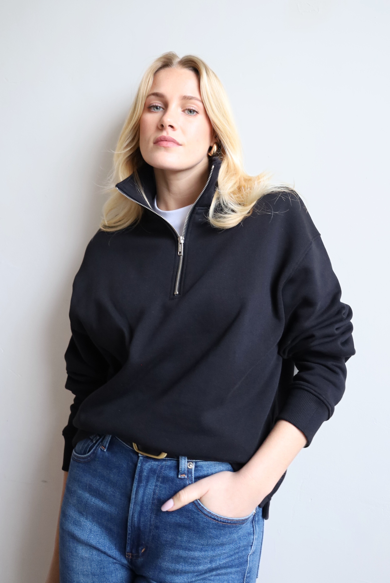 Organic cotton quarter zip sweatshirt, black, front