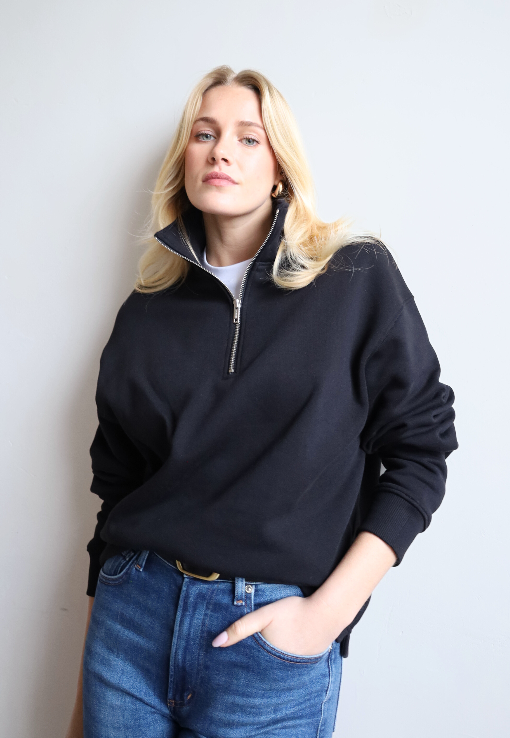 Organic cotton quarter zip sweatshirt, black, front
