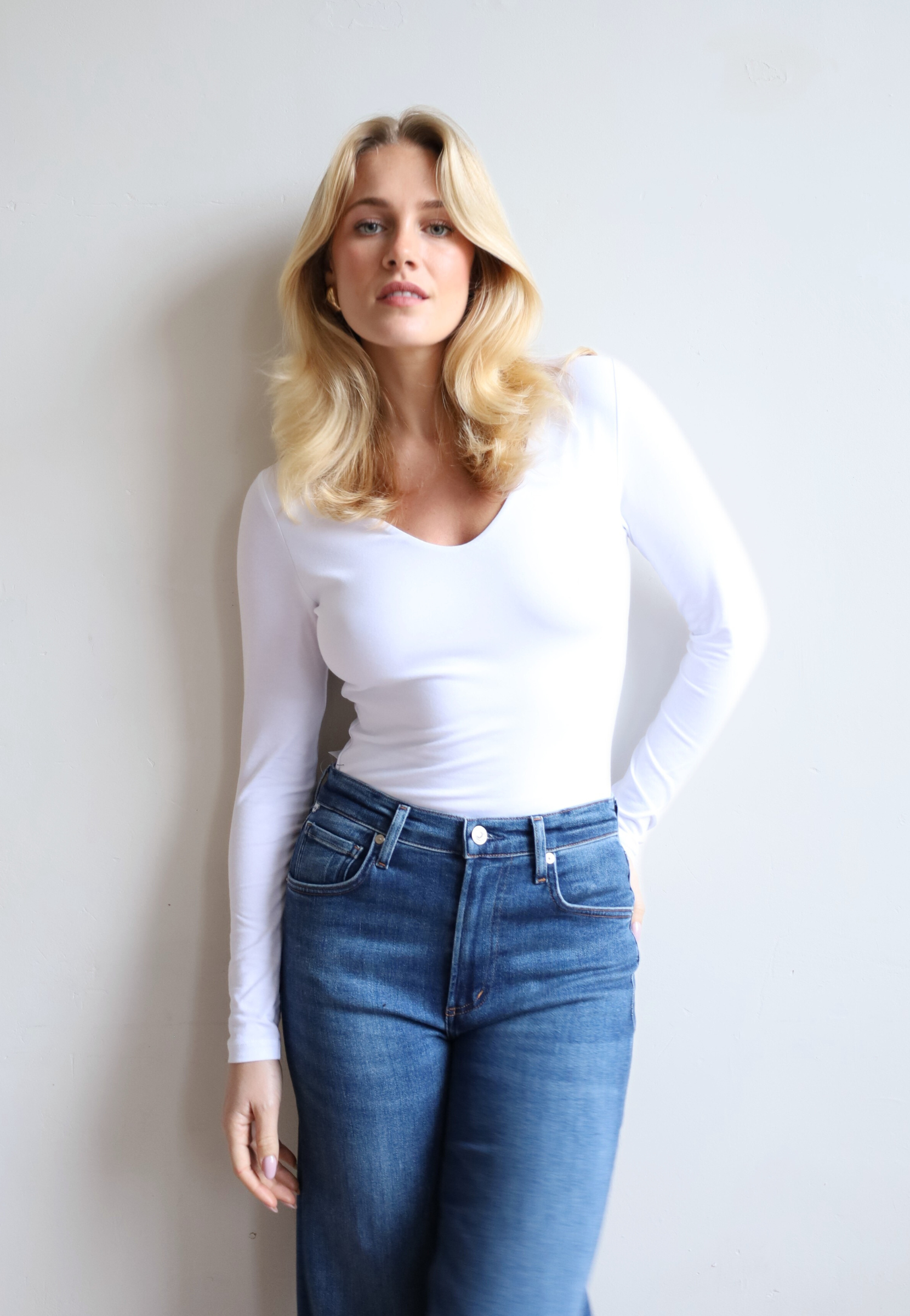Organic Cotton Long Sleeve V-neck T-shirt, White, Front