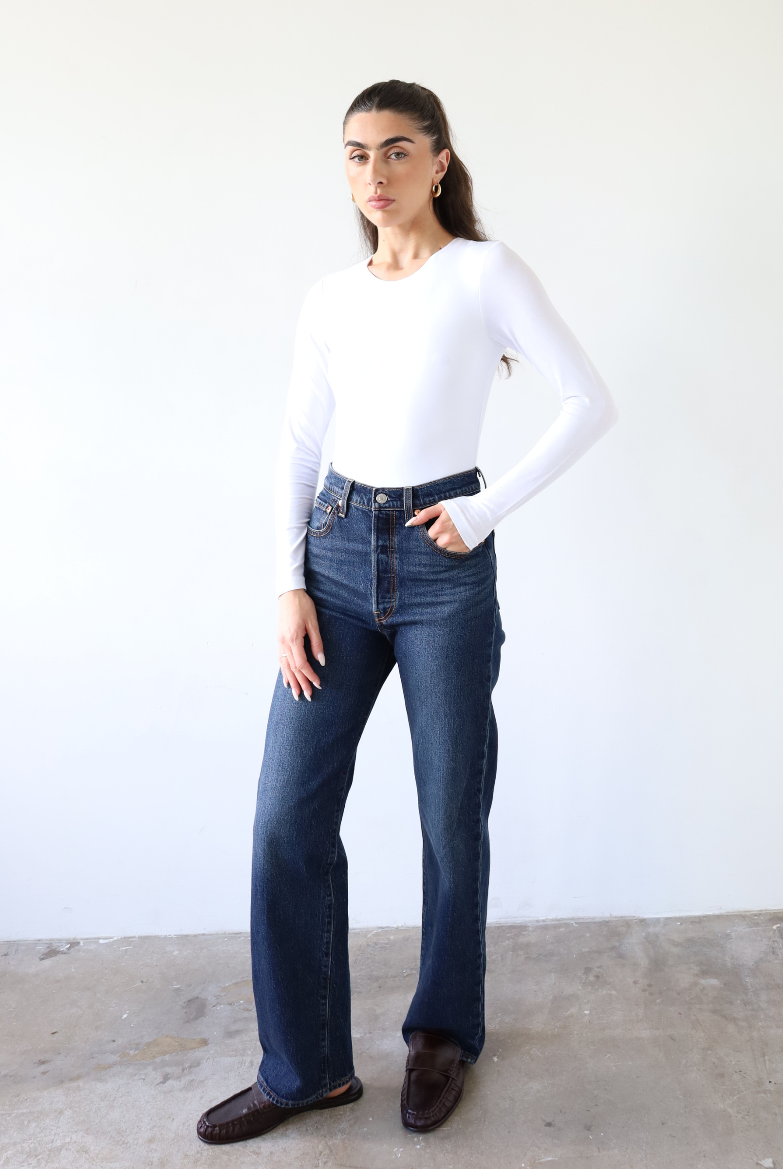 organic cotton crew neck long sleeve t-shirt, white, front