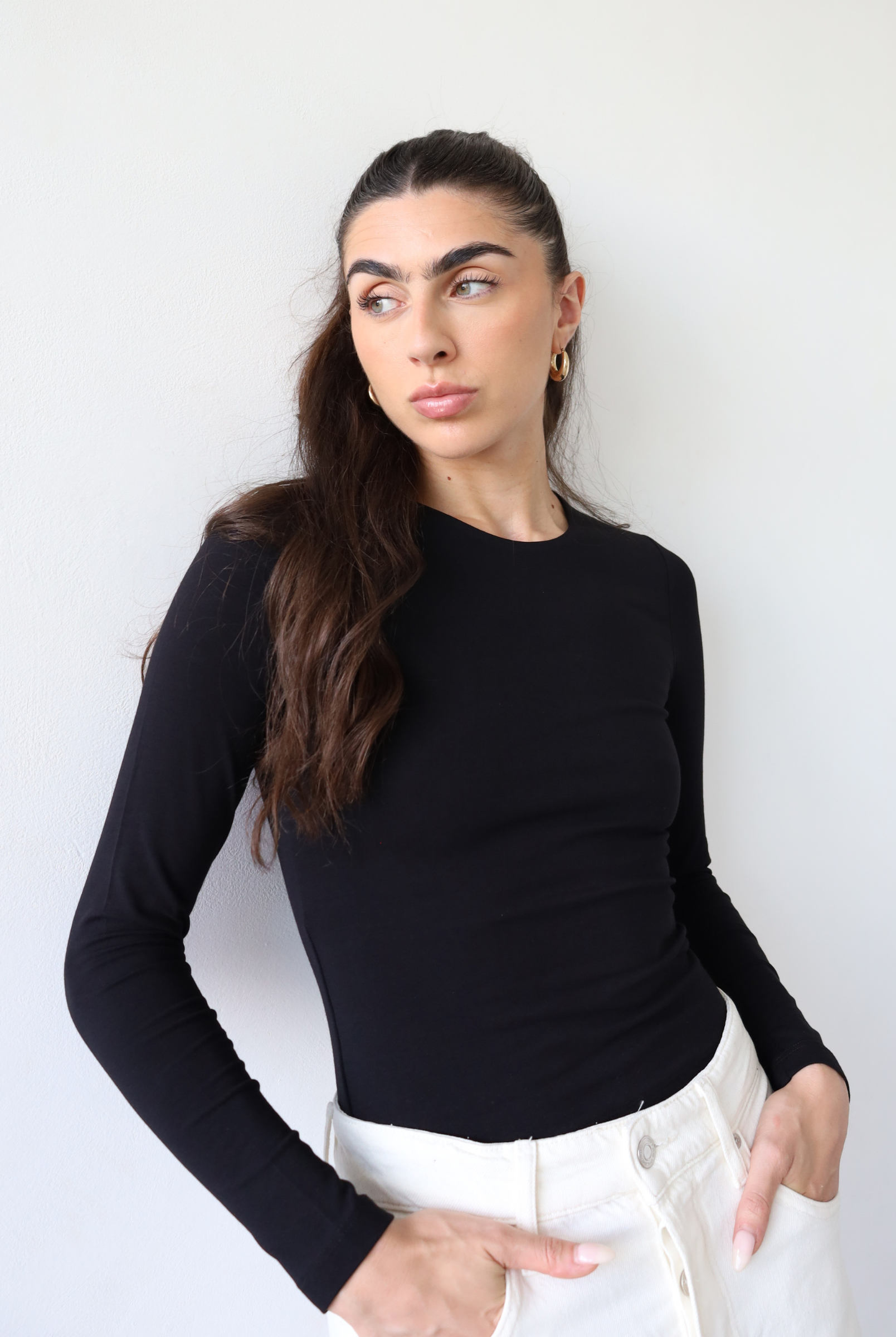 organic cotton long sleeve crew neck t-shirt, black, front