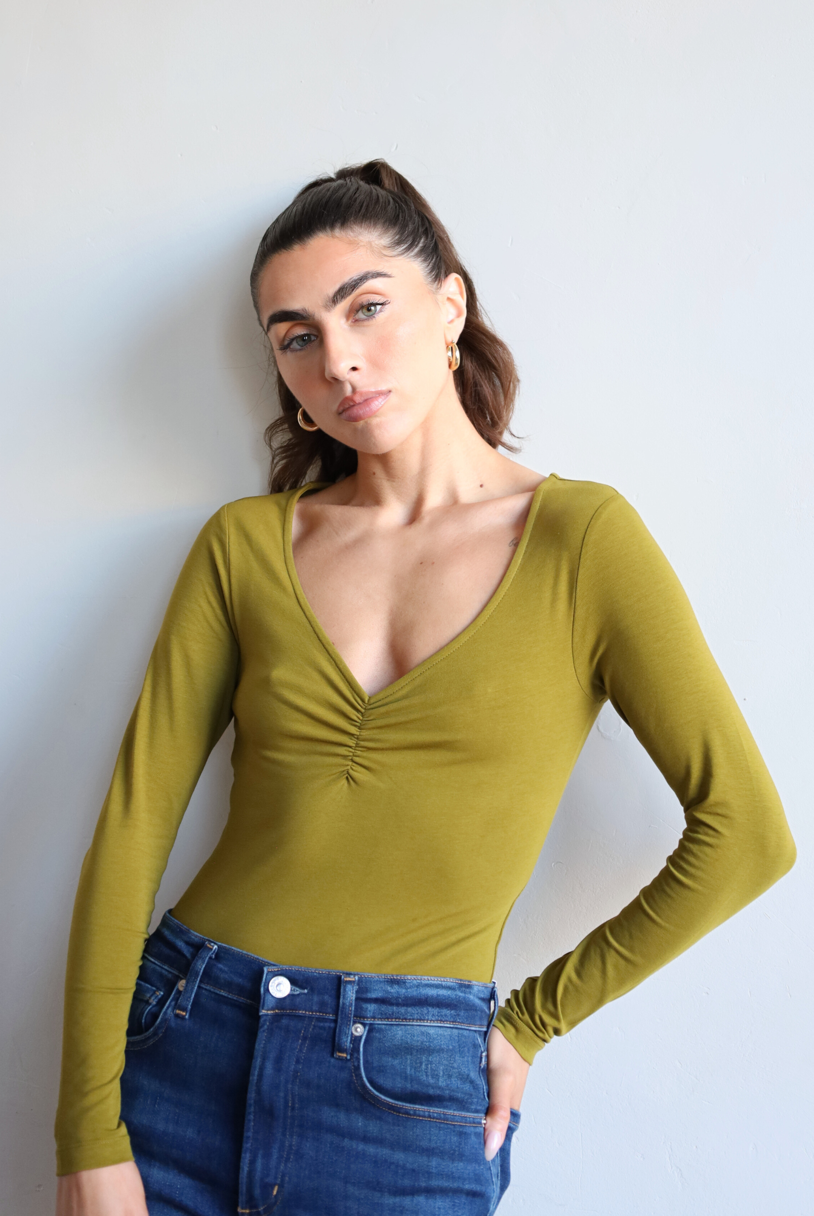 Women's long sleeve green sweetheart bodysuit - front