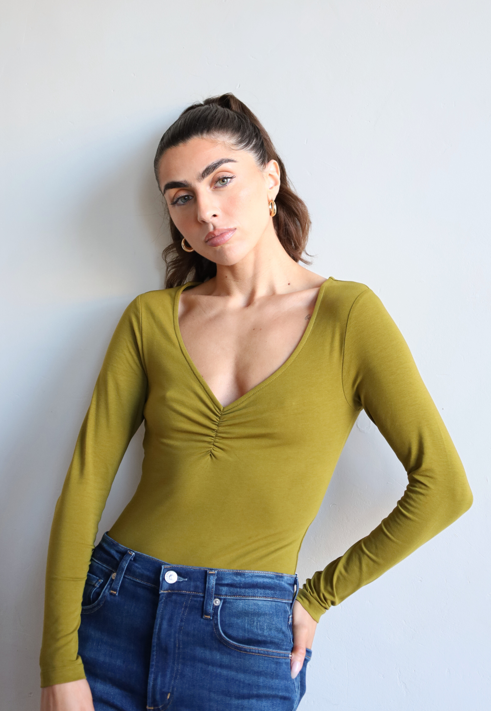 Women's long sleeve green sweetheart bodysuit - front