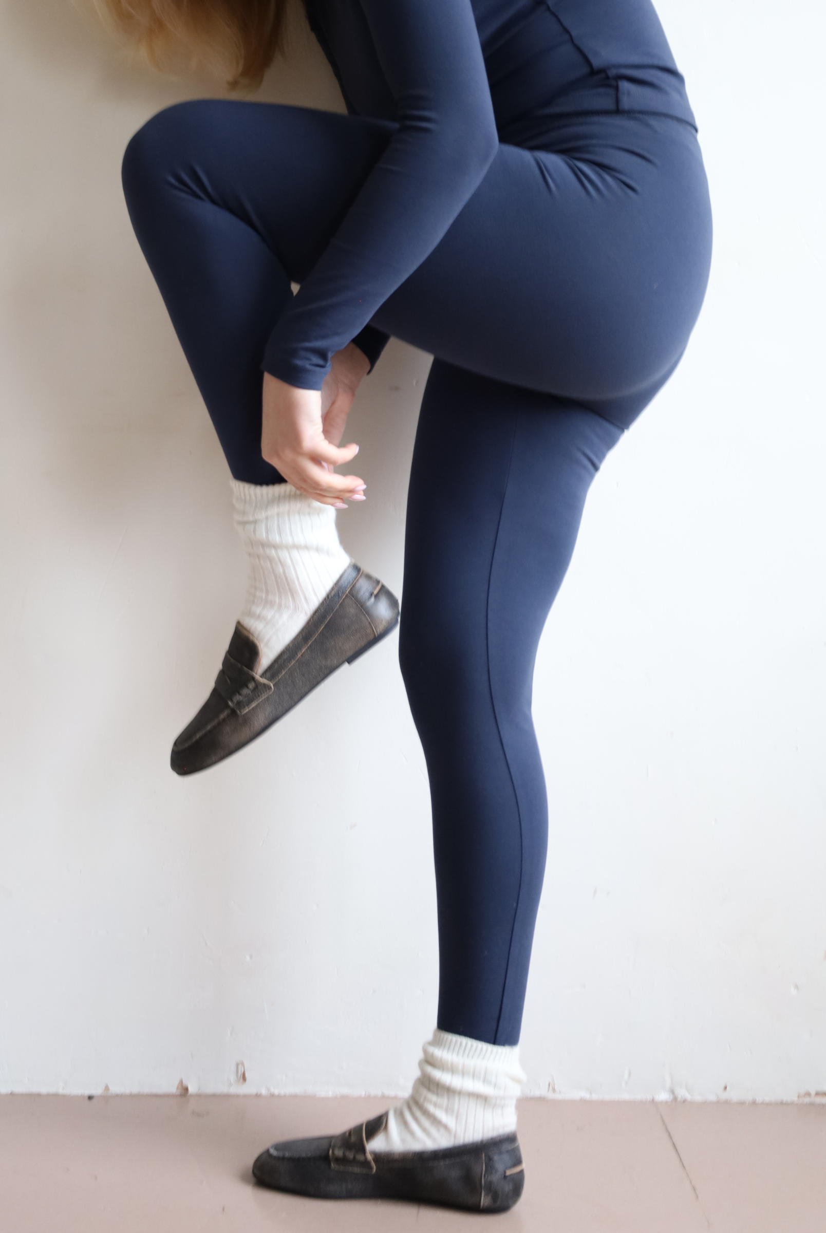 Navy Blue wrap waist leggings, side