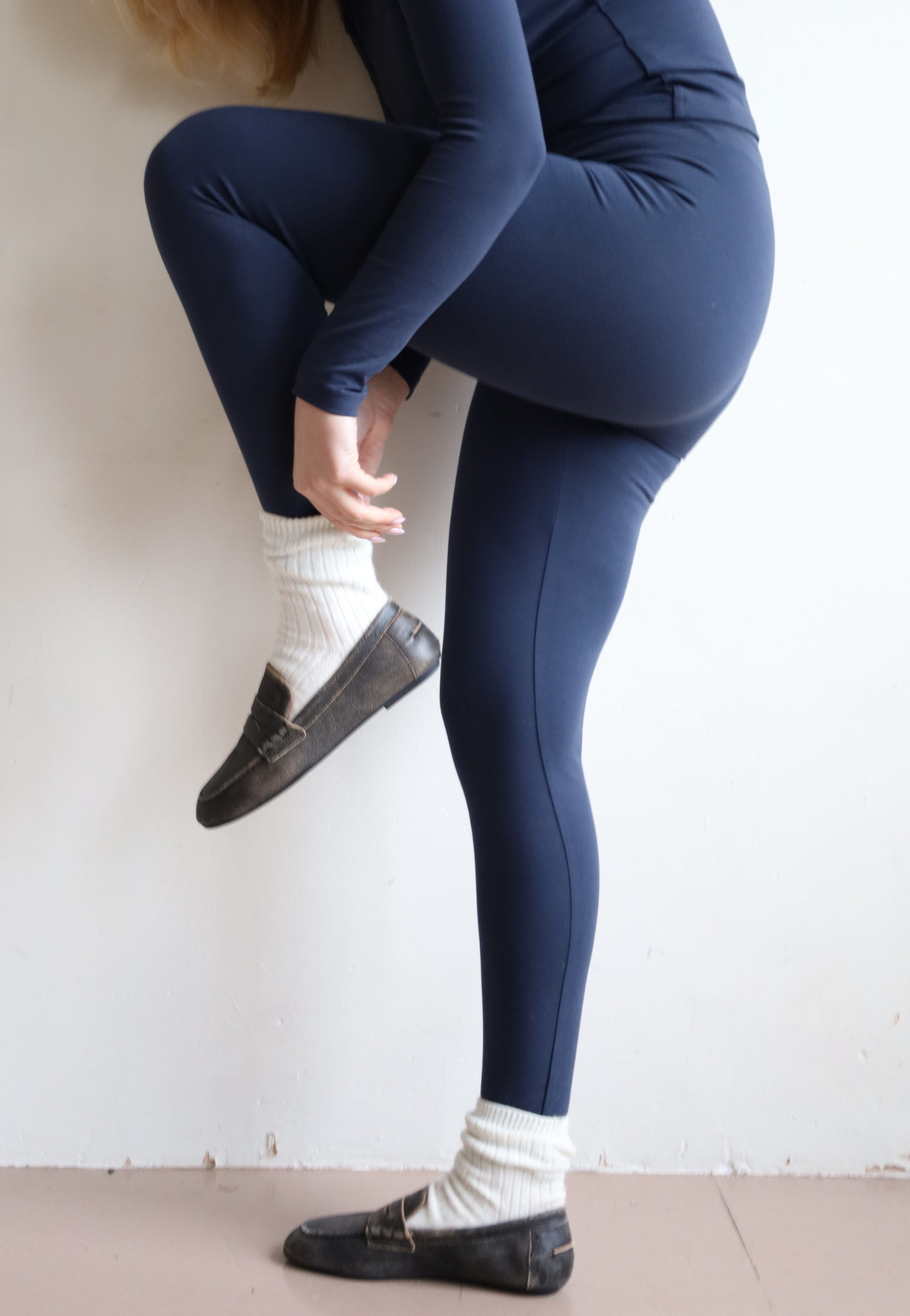 Navy Blue wrap waist leggings, side