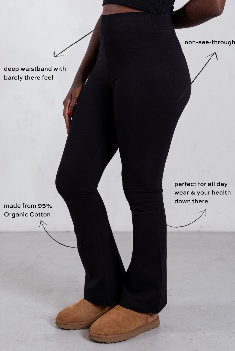 side of black organic cotton flared leggings
