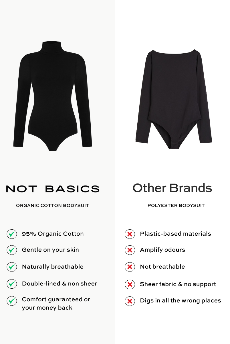 black organic cotton roll neck long sleeve bodysuit comparison