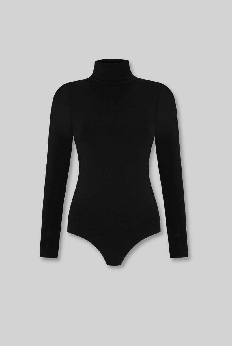 cutout of black organic cotton roll neck long sleeve bodysuit