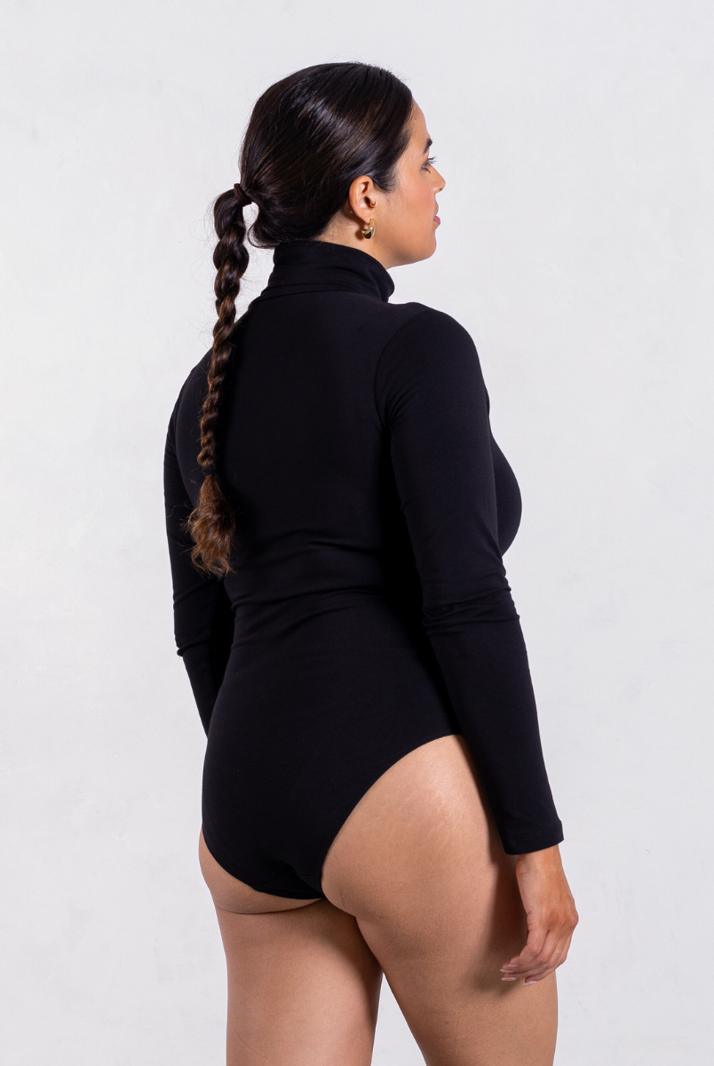 back of black organic cotton roll neck long sleeve bodysuit