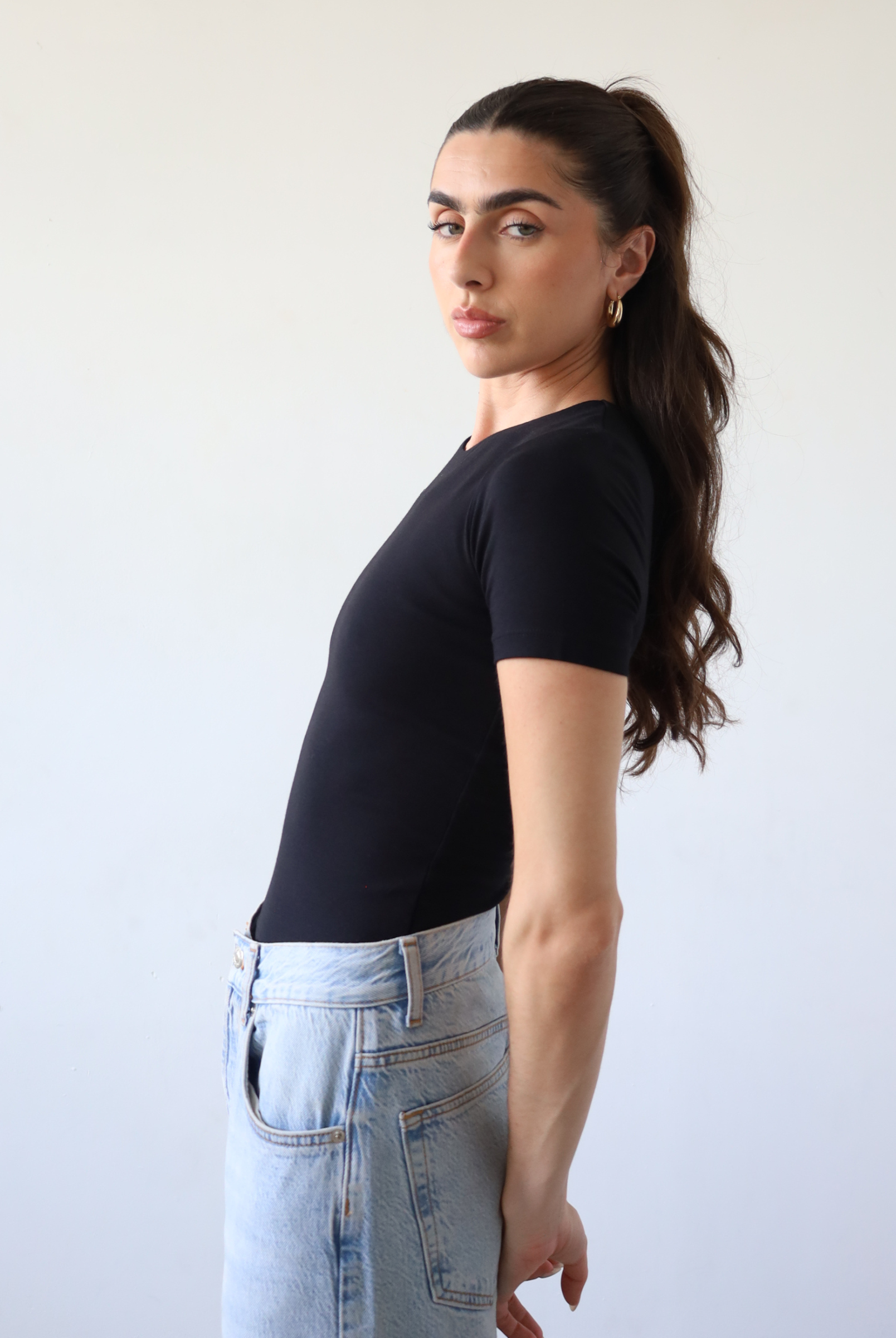 Organic cotton black crew neck short sleeve t-shirt, side