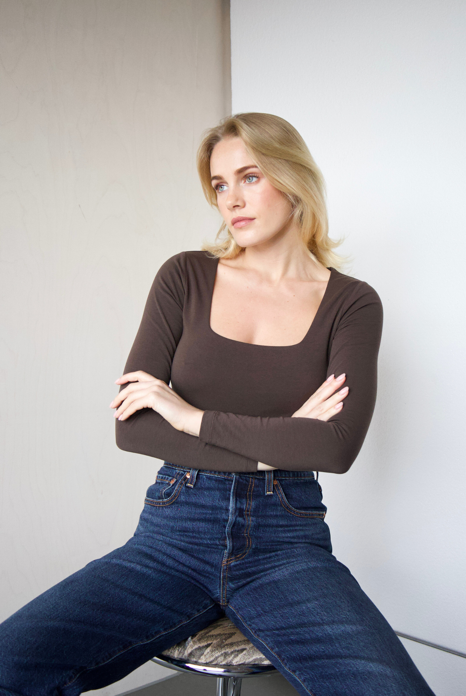 Organic cotton square-neck long sleeve T-shirt, Brown, front