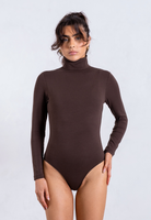 front of brown organic cotton roll neck long sleeve bodysuit