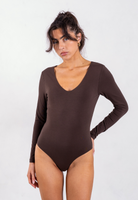 front of brown organic cotton v-neck long sleeve bodysuit