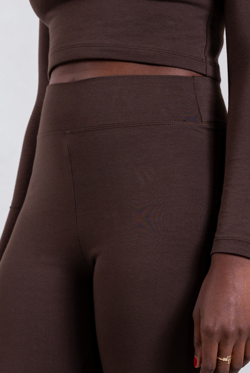 close up of brown organic cotton flared leggings