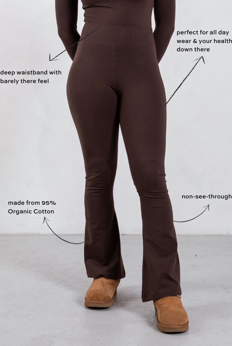 front of brown organic cotton flared leggings
