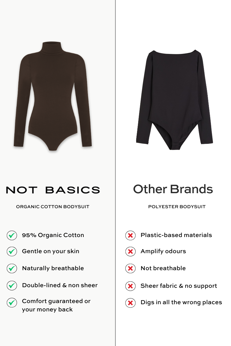 brown organic cotton roll neck long sleeve bodysuit comparison