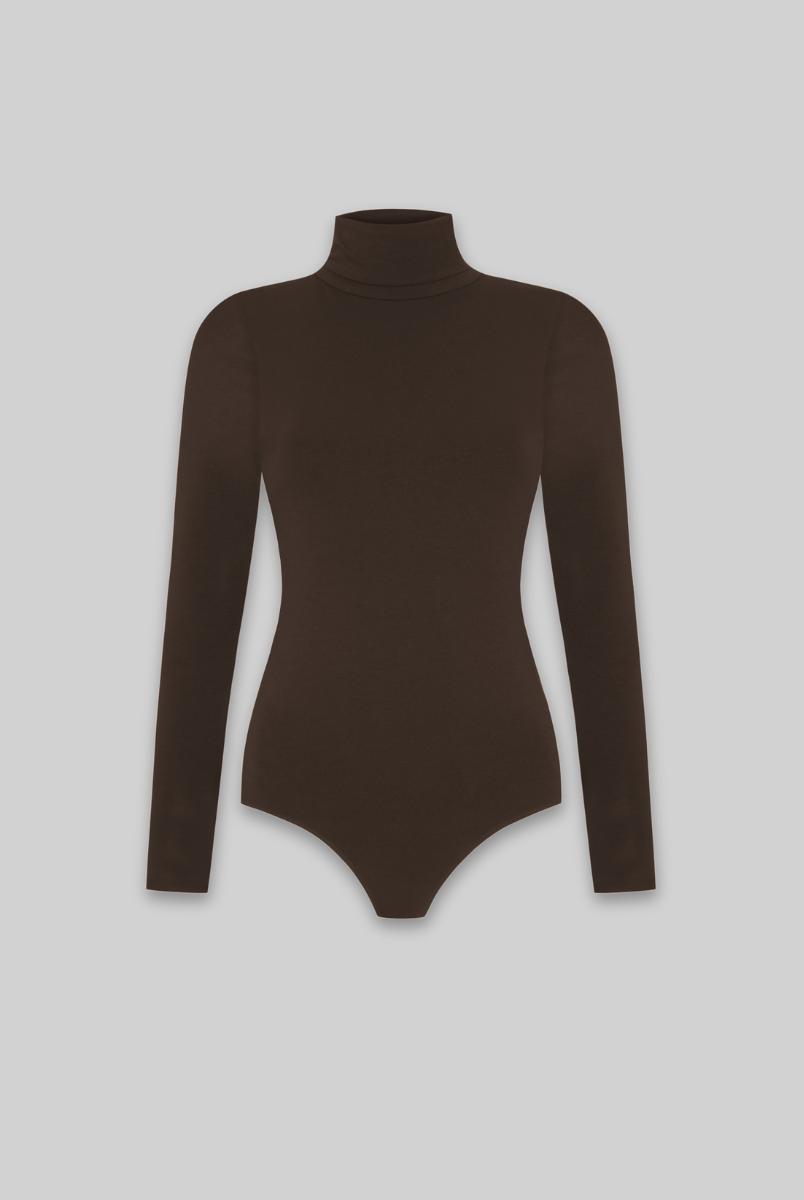 cutout of brown organic cotton roll neck long sleeve bodysuit