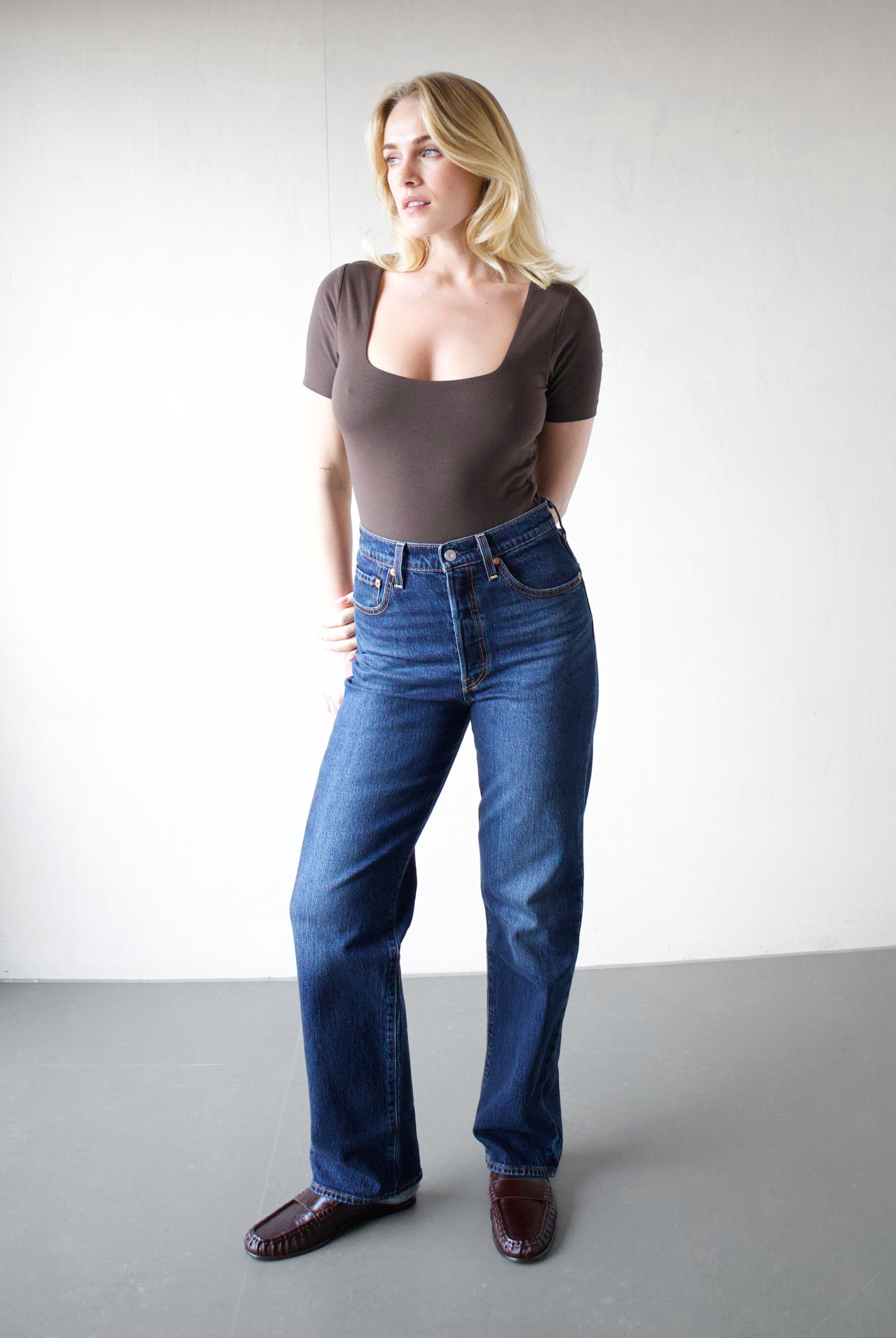 Organic cotton square-neck bodysuit, Brown, front