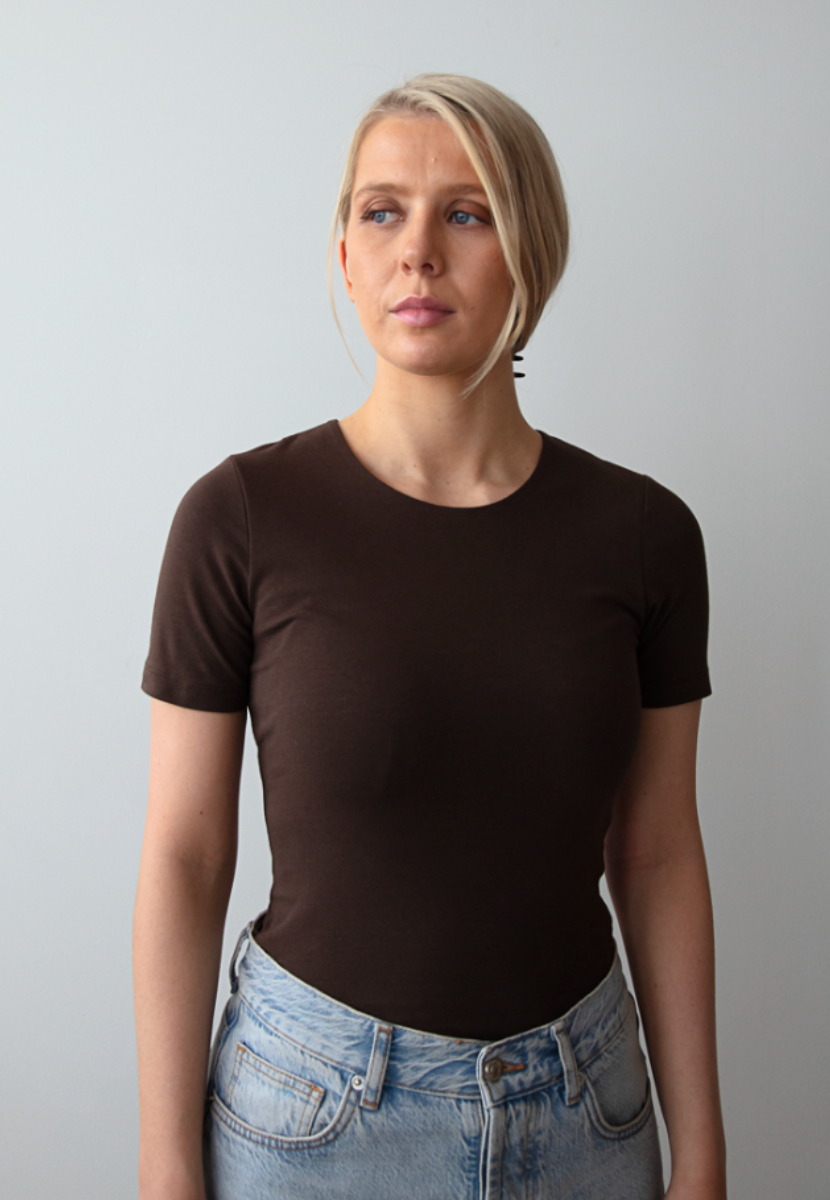 organic cotton t-shirt, hot fudge, front