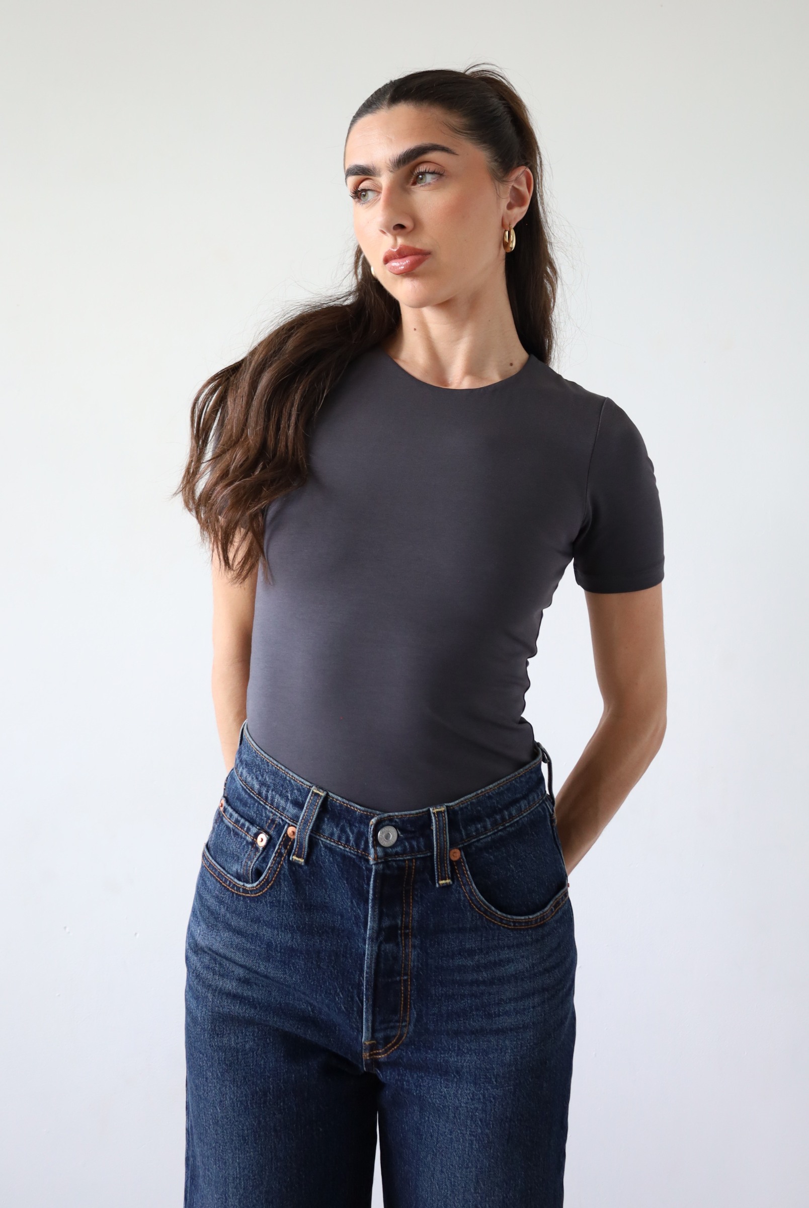 organic cotton short sleeve crew t-shirt, charcoal grey, front
