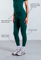 side of green organic cotton leggings