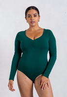 front of green organic cotton sweetheart long sleeve bodysuit