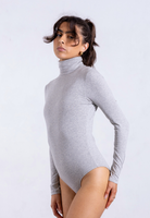 side of grey organic cotton roll neck long sleeve bodysuit