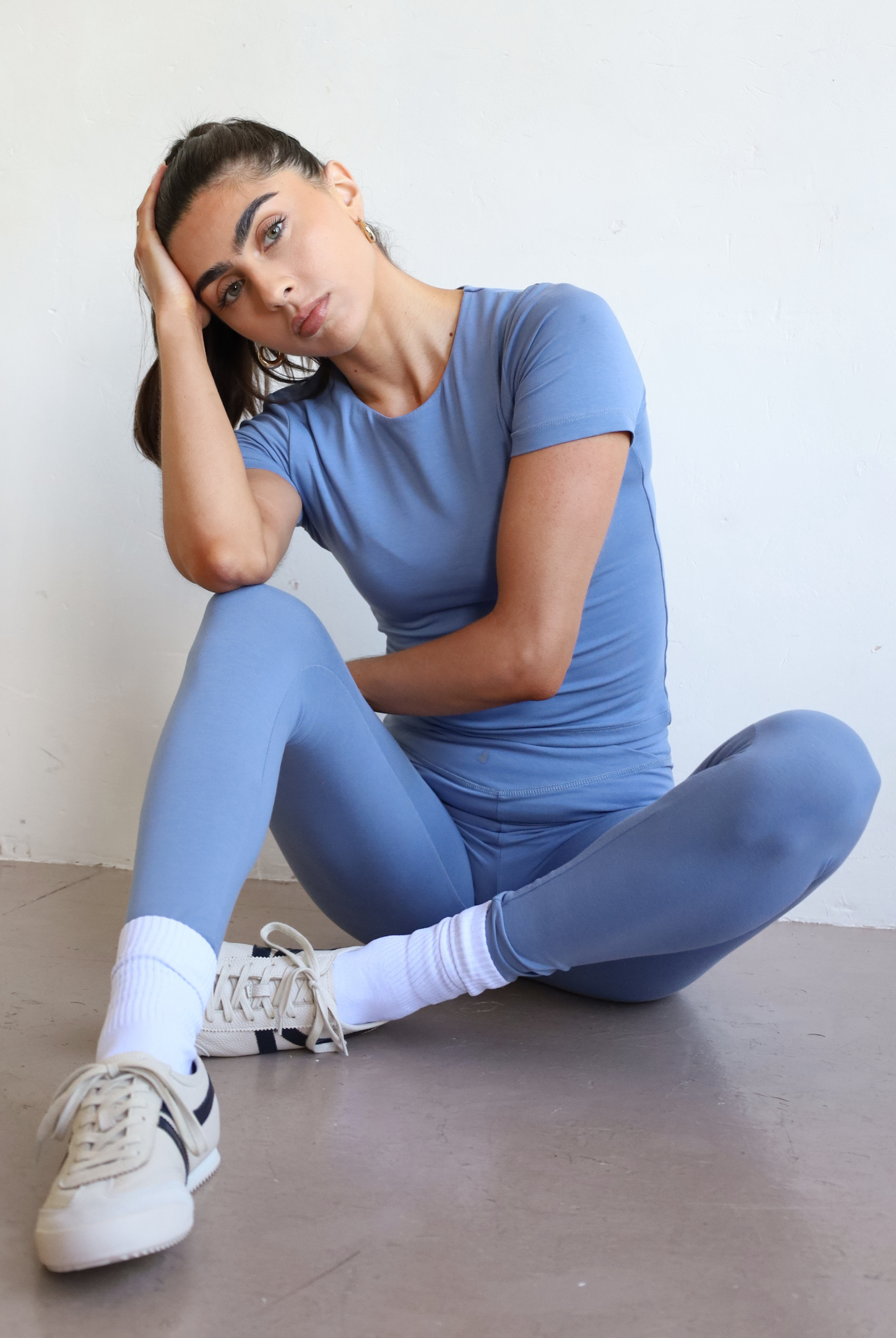 Light blue organic cotton short sleeve crew neck t-shirt, front