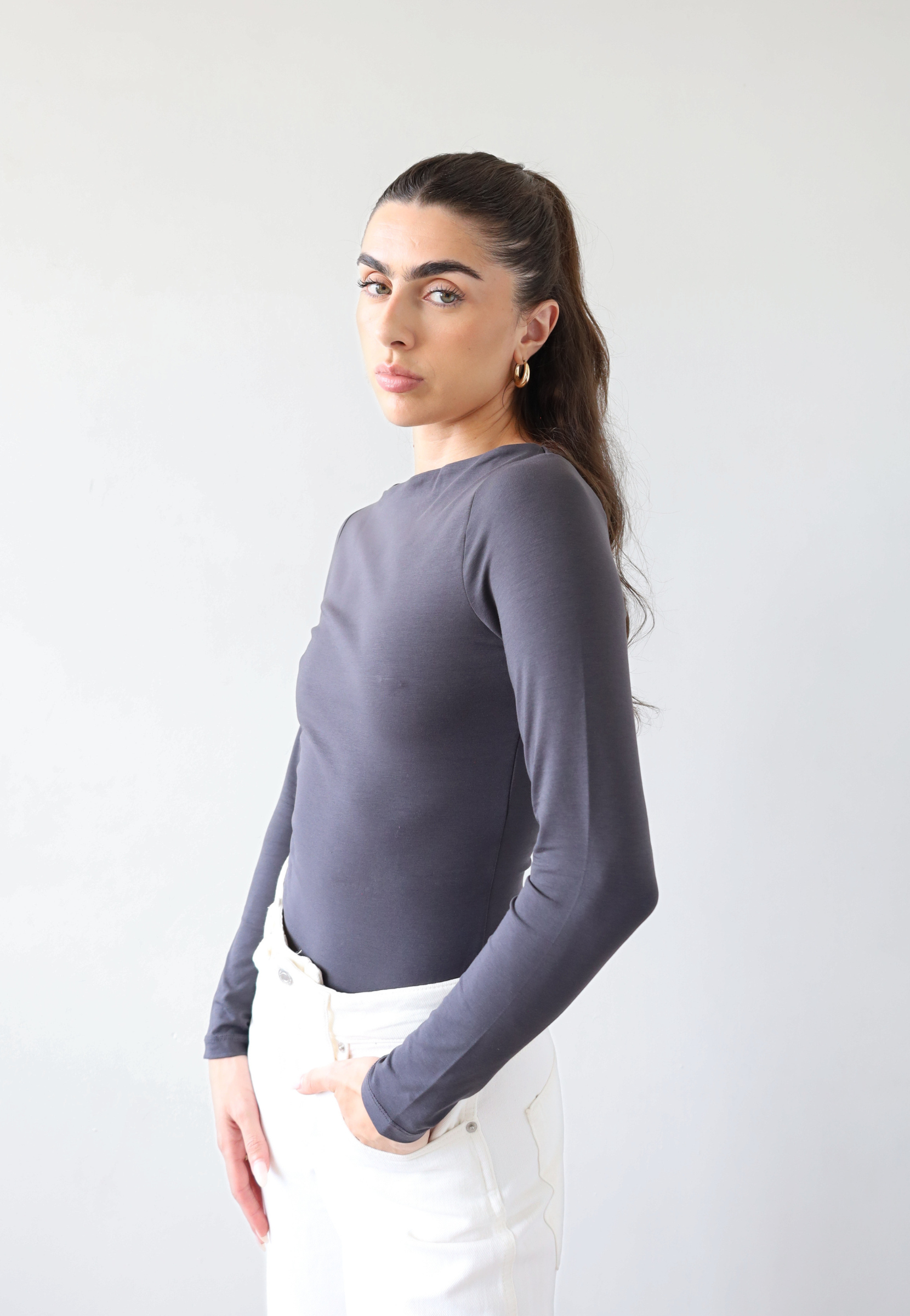 organic cotton long sleeve boat neck top, charcoal grey, front