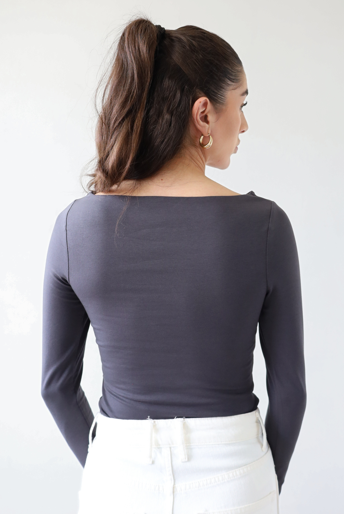 organic cotton long sleeve boat neck top, charcoal grey, back