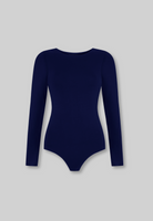 cutout of navy blue organic cotton crew neck long sleeve bodysuit