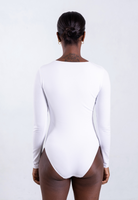 back of white organic cotton crew neck long sleeve bodysuit