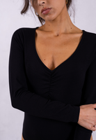 close up of black organic cotton sweetheart bodysuit