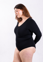 side of black organic cotton v-neck long sleeve bodysuit
