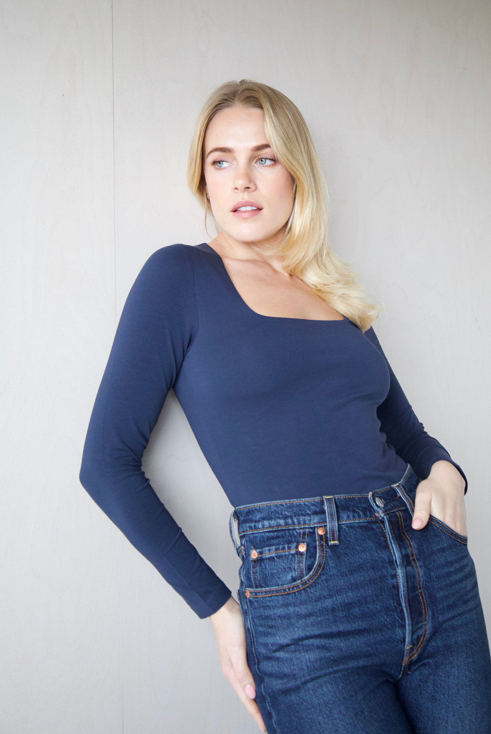 Organic cotton square-neck long sleeve T-shirt, Navy Blue, front