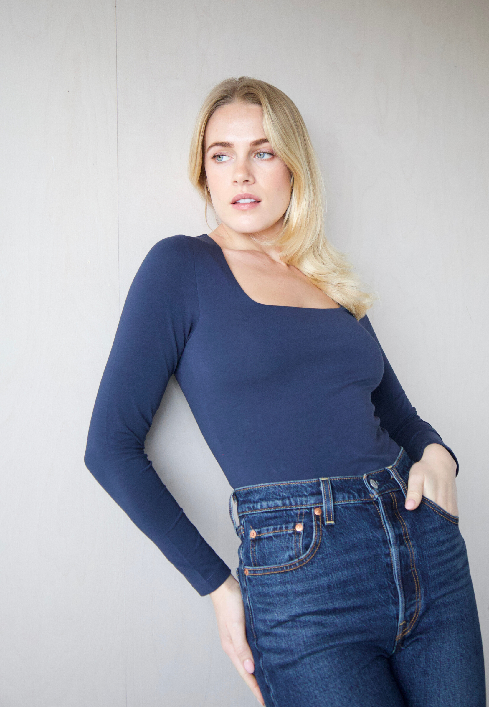 Organic cotton square-neck long sleeve T-shirt, Navy Blue, front