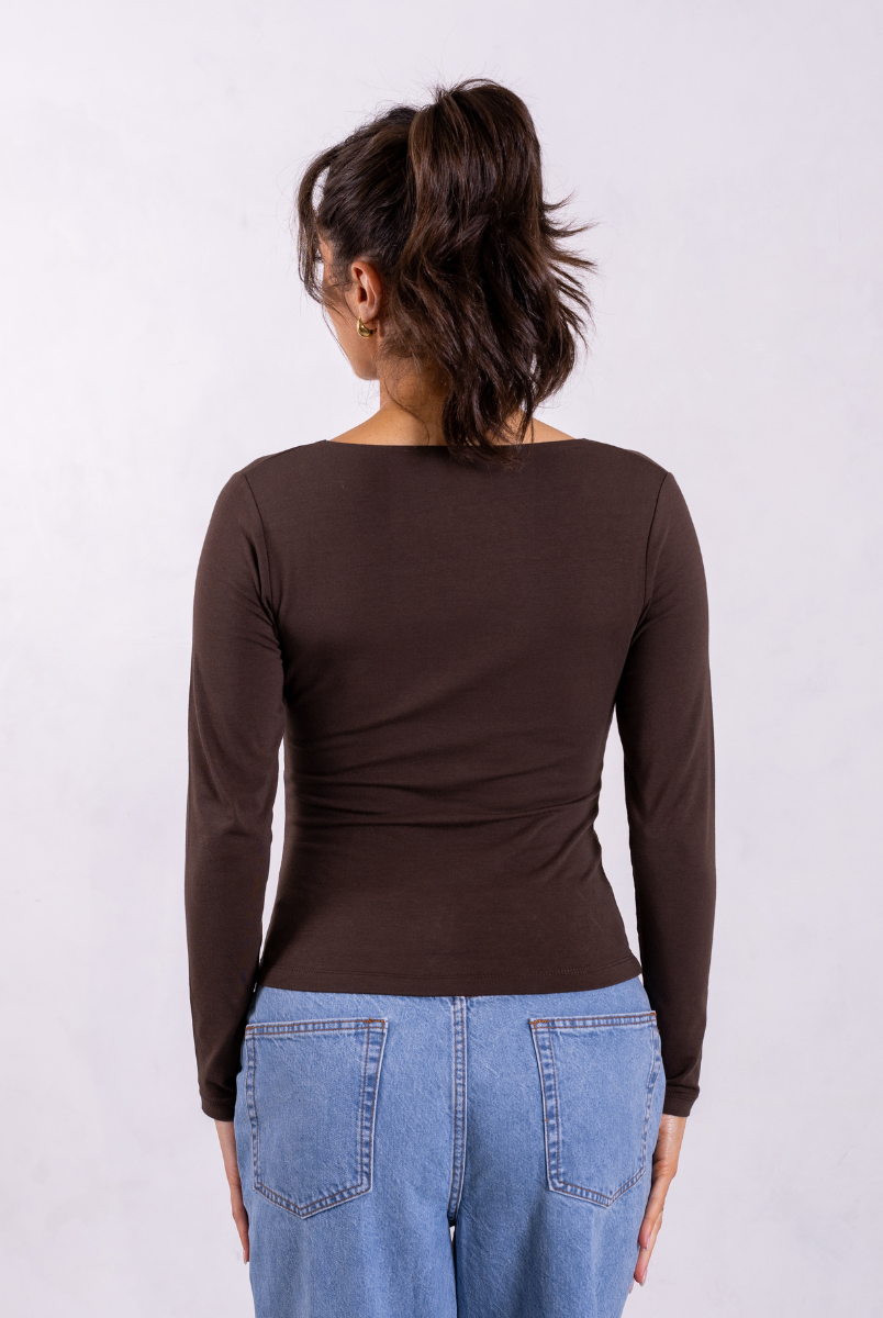 organic cotton v-neck long sleeve t-shirt brown