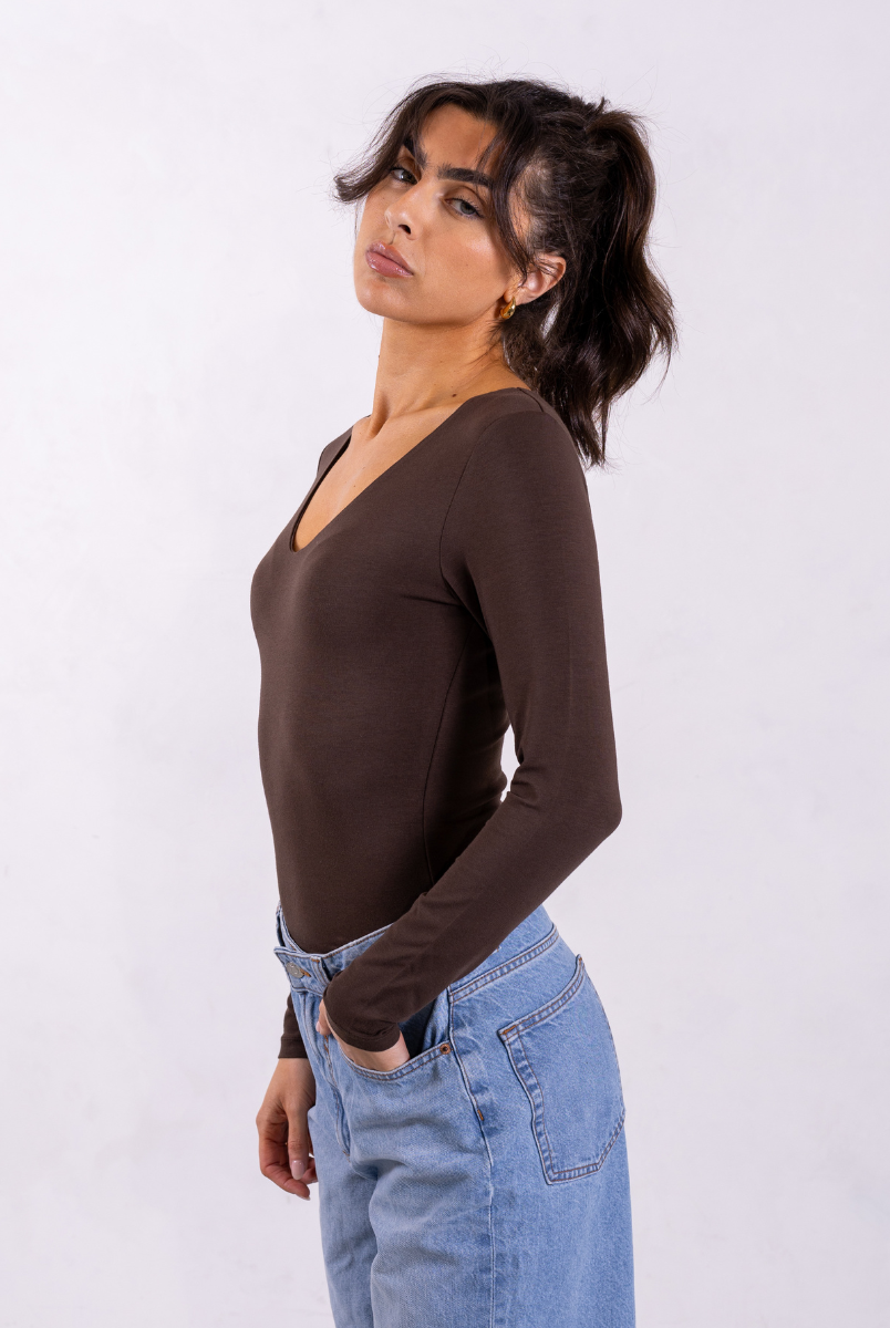 organic cotton brown v-neck long sleeve t-shirt
