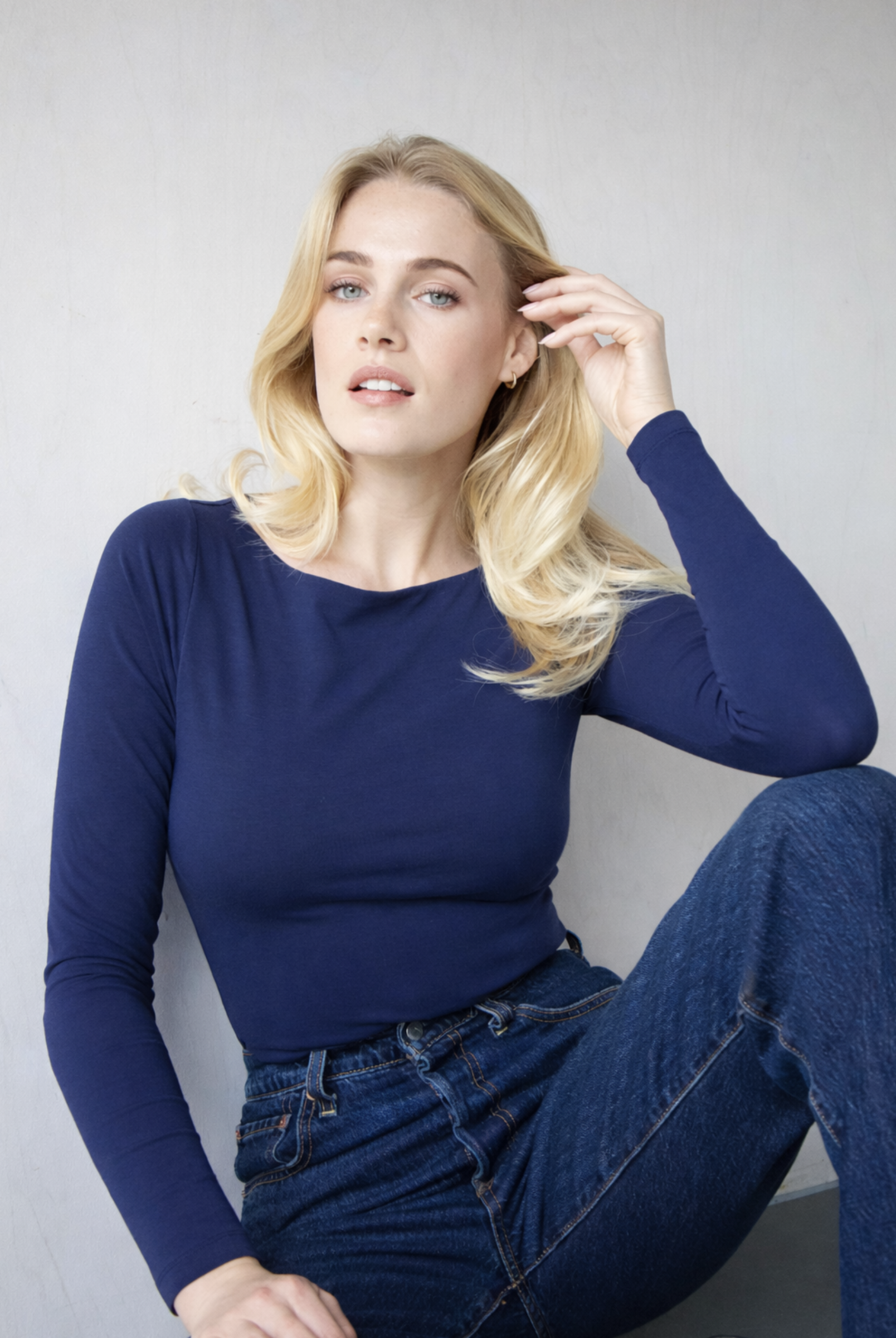 Organic Cotton boat neck long sleeve t-shirt, Navy Blue, front