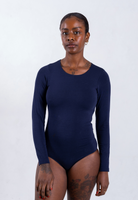 navy blue organic cotton crew neck long sleeve bodysuit