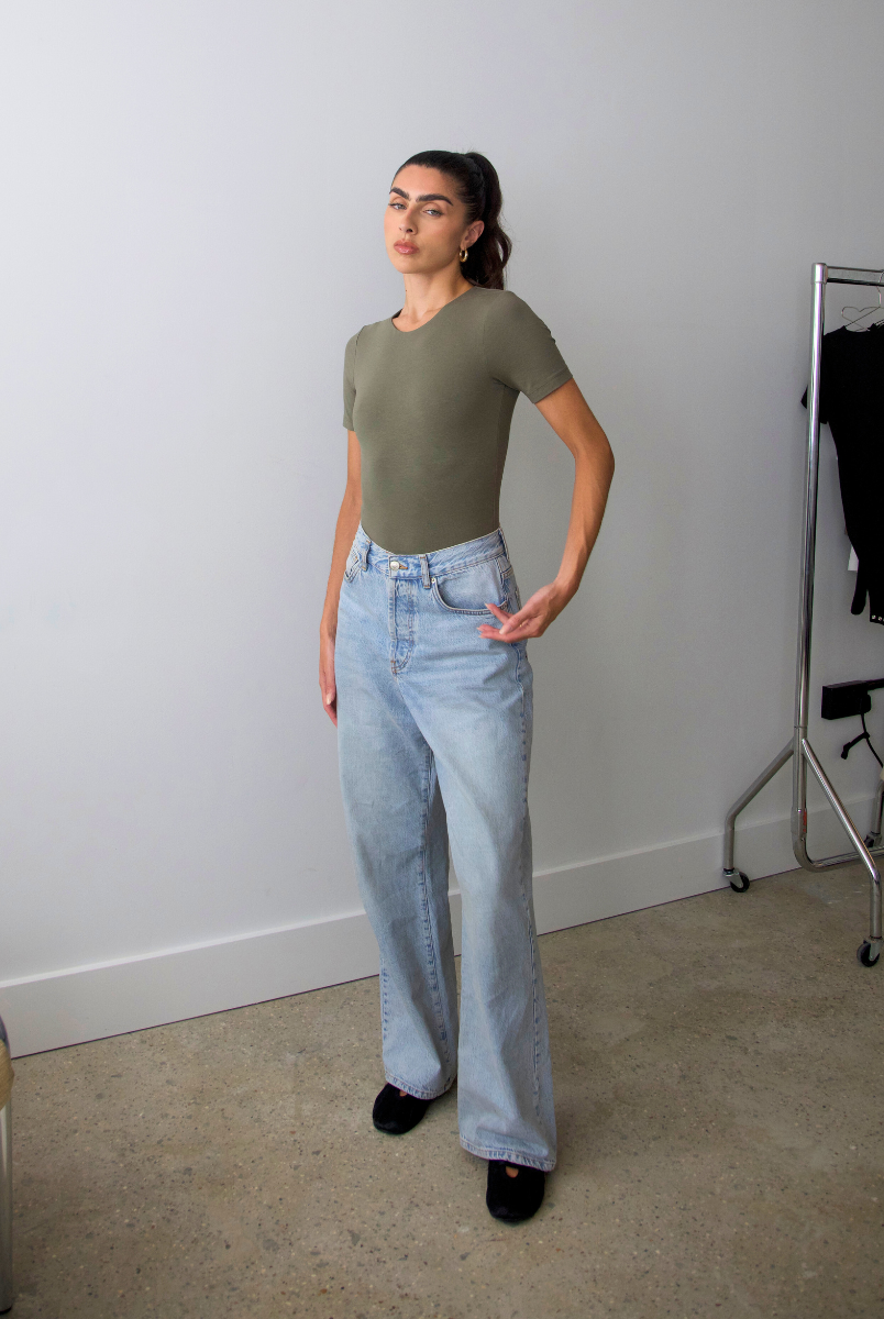 organic cotton crew neck bodysuit, burnt olive, front