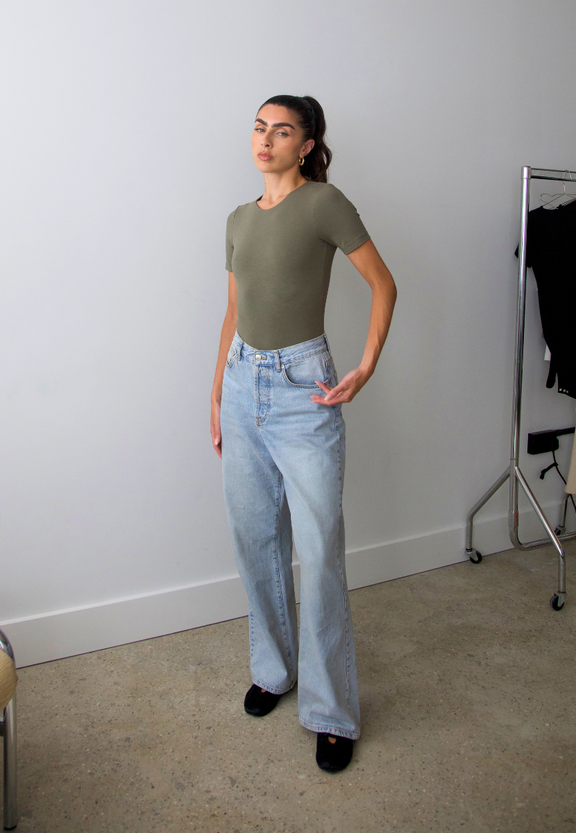 organic cotton crew neck bodysuit, burnt olive, front
